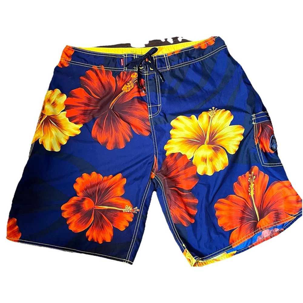 Quiksilver Mens Board Shorts Navy Blue Orange Yellow Hibiscus Floral 36